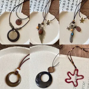 Collana Lunga Per Maglione Con Pendente Piuma In Lega Di Rame Resina Legno Stile Zen Bohémien Retrò Per Donna Gioielli