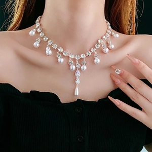 Elegant French style pearl necklace with sparkling teardrop zircon pendants for women