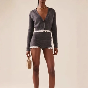 Cardigan Et Short En Tricot Pour Femmes Avec Bordure En Dentelle Manches Longues Col En V Côtelé Slim Fit Gris