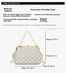 Detailed dimension guide for sequin shell bag with specific measurements and strap options