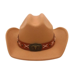 Close-up of brown leather hat band with silver stitching and longhorn bull head metal buckle