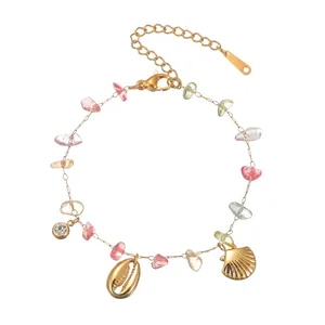 Women 18K Gold Plated Stainless Steel Shell Stone Charm Bracelet Ocean Theme Sea Snail Shell Starfish Rhinestone Bracelet Jewelry