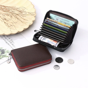 Genuine leather accordion card wallet with large capacity and litchi texture finish