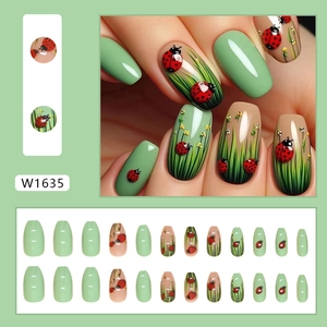 Green ladybug and grass pattern press-on nails set with 24 pieces of various sizes