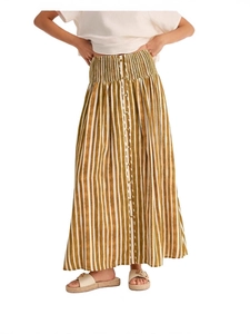 Elegant high-waisted yellow striped maxi skirt with vertical lines and button detail