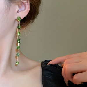 Vintage green stone irregular geometric drop earrings with long gold tassel for women
