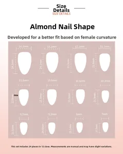 Tableau des tailles pour faux ongles amande roses avec 12 tailles et mesures