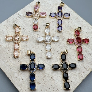 Colorful Cubic Zirconia Cross Pendant For DIY Jewelry Making Copper 18K Gold Plated Religious Charm