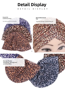 Detailed stitching of leopard print turban hat with reinforced seams and elastic band
