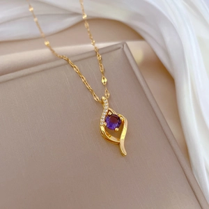 Titanium steel gold necklace with purple teardrop gemstone and micro-pave diamonds