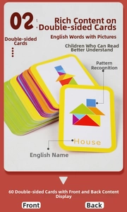 Detailed view of 60 double-sided educational cards showing geometric tangram house patterns