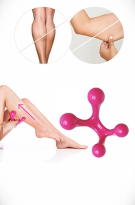 Detail showing pink four-point manual massager being used on the calf and arm muscles