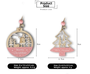 Détail des ornements de Noël en bois découpé au laser avec Père Noël et motifs de renne