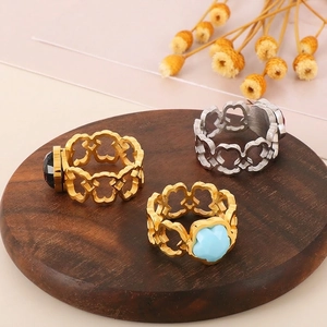 Hollow Flower Rings Stainless Steel Geometric Petal Elegant Jewelry Accessories For Women Gold Plated Blue Stone