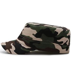 Outdoor camouflage flat top hat for students, durable canvas military style cap in forest print