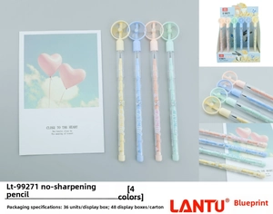 Detail of multi-functional non-sharpening pencils with spinning windmill toppers in pastel colors