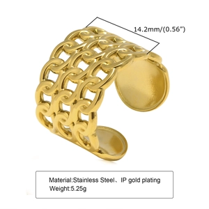 18k gold plated stainless steel chain link open ring with wide wavy hollow texture