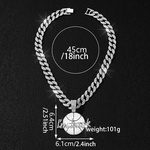 Silver Cuban chain necklace with iced out I'm back basketball pendant and dimensions