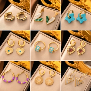 Stainless Steel Hoop Earrings With Earring Post Vintage Enamel Evil Eye Butterfly Star Geometric Light Luxury Jewelry
