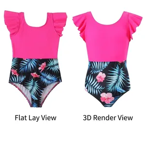 Girls One Piece Swimsuit Nylon Flutter Sleeve Tropical Print Heart Artificial Pearl Halter Neck Summer Beach Bathing Suit