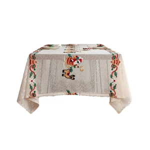 White Christmas lace tablecloth with embroidered Santa and reindeer patterns