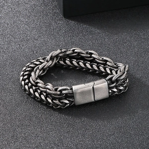 Industrial double-layer stainless steel curb chain bracelet in antique silver finish