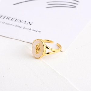 Elegant gold tulip ring with oval cream mother of pearl inlay and adjustable band