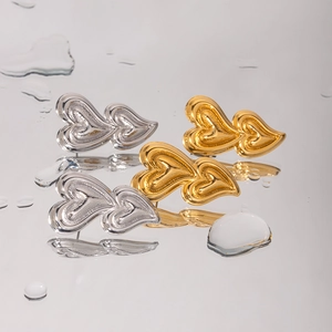 18K gold and silver stainless steel liquid hammer texture double heart drop earrings