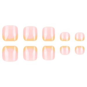 Neon yellow French tip press-on toenails with glossy pink base in a set of 10 pieces