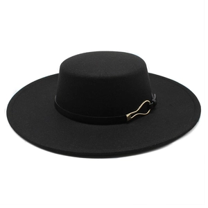 Classic vintage black wide brim wool fedora hat with elegant gold buckle strap