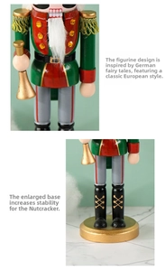 Detail of green nutcracker soldier with gold fringe epaulets and stable round base