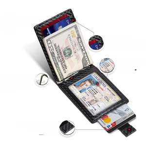 Slim carbon fiber wallet with RFID blocking, stainless money clip and smart pull-tab