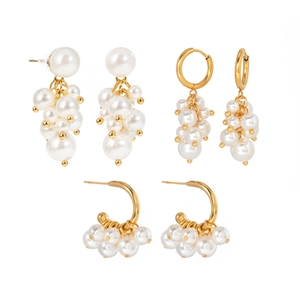 Cluster grape white pearl earrings with 18K gold plated stainless steel hoops and studs