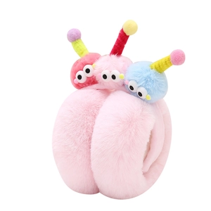 Cute pink plush winter earmuffs with colorful cartoon pom-poms for girls and women