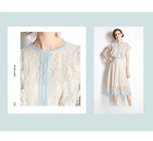 Close-up of lace collar and blue trim detail on an elegant short-sleeved midi dress