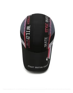 Top view of a street style baseball cap with color blocks and skateboard graphics