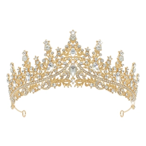 Elegant gold bridal tiara with sparkling crystals in a baroque style crown design