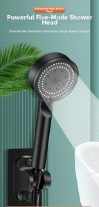 Detail of matte black 5-mode high pressure shower head with hose and wall mount bracket