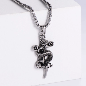 Punk style stainless steel snake wrapping sword pendant with vintage chain necklace