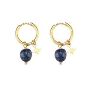 Gold plated titanium hoop earrings featuring natural blue stone beads and star charms