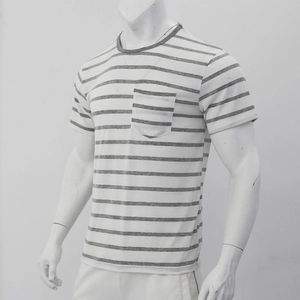 Detail view of grey and white striped short-sleeve T-shirt with a functional chest pocket