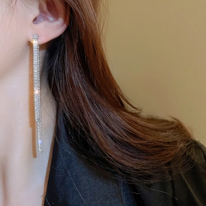 Elegant silver tassel earrings with sparkling zircon worn by a model in a profile view
