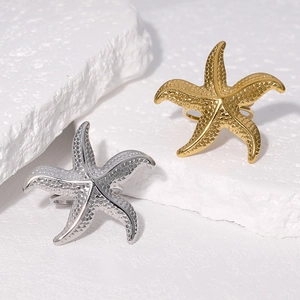 Starfish Ocean Open Ring Stainless Steel Textured Adjustable Sea Life Minimalist Finger Jewelry For Women