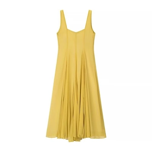 Maxi Kleid Polyester Plissee Ärmellos Eckiger Ausschnitt Elegant Französischer Stil Gelb Hohe Taille Damen Sommer