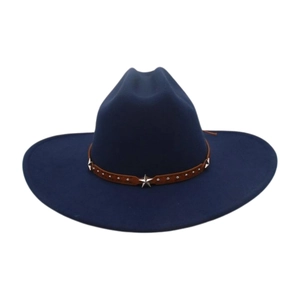 Detail of navy fedora hat featuring brown studded leather band and silver star emblem