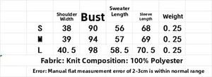 Size chart table for minimalist striped knit sweater showing S, M, L measurements in cm