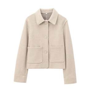 Women's cropped light oatmeal wool jacket with lapel collar and large pocket details