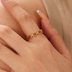 Stainless Steel Chain Link Ring With Zircon Micro Pave Pig Nose Shape Fashion Trendy Jewelry For Women
