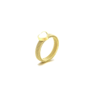 Modern gold mesh chain ring featuring a white heart shell inlay in a minimalist design