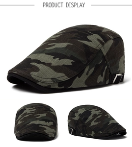Detailed side view of camouflage beret hat with adjustable silver metal buckle and mesh texture